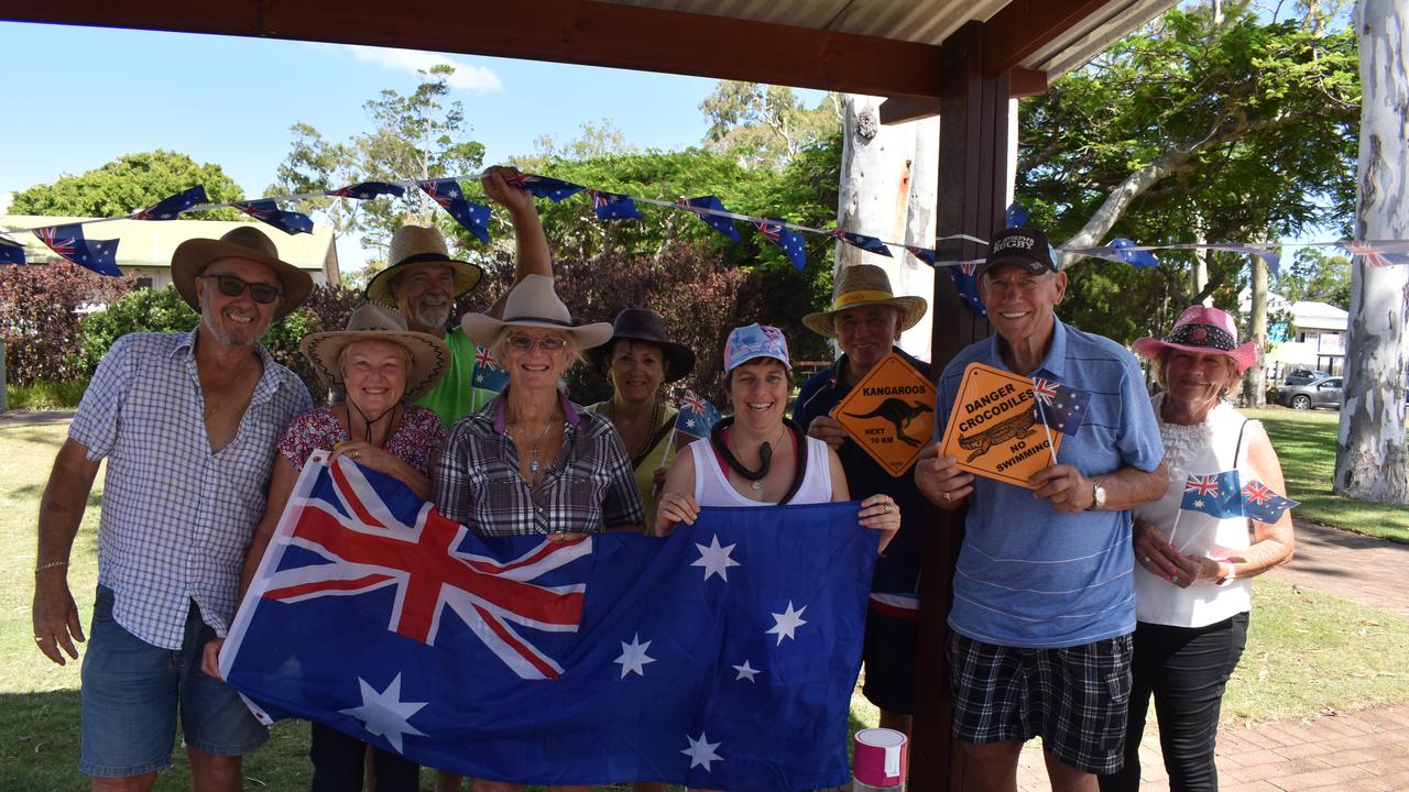 Luke Storken, Des Goss, Gwen Goss, Lorraine Millard, Crystal Millard, Brian Baker, Narelle Baker, Dennis Manteit and Gwen Manteit enjoy a big Australia Day celebration along the Esplanade in Hervey Bay. Photo: Stuart Fast