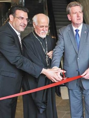 Fouad Deiri (left) with Archbishop Paul Saliba and former NSW Premier Barry O’Farrell at the opening of Deicota Tower