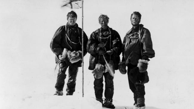 Dr Forbes McKay, Sir Edgeworth David and Sir Douglas Mawson at the South Pole in 1909.