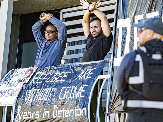 Refugee protest at Central Hotel and Apartments, Kangaroo Point, Sunday, July 19, 2020 - Picture: Richard Walker