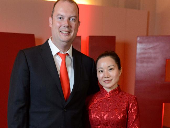 Chairman Piet van der Pol and Heidi Qin at the Adelaide United Aurelio Vidmar Club Champion Award night at the Wine Centre, Tuesday, April 24, 2018.  (AAP Image/ Brenton Edwards)