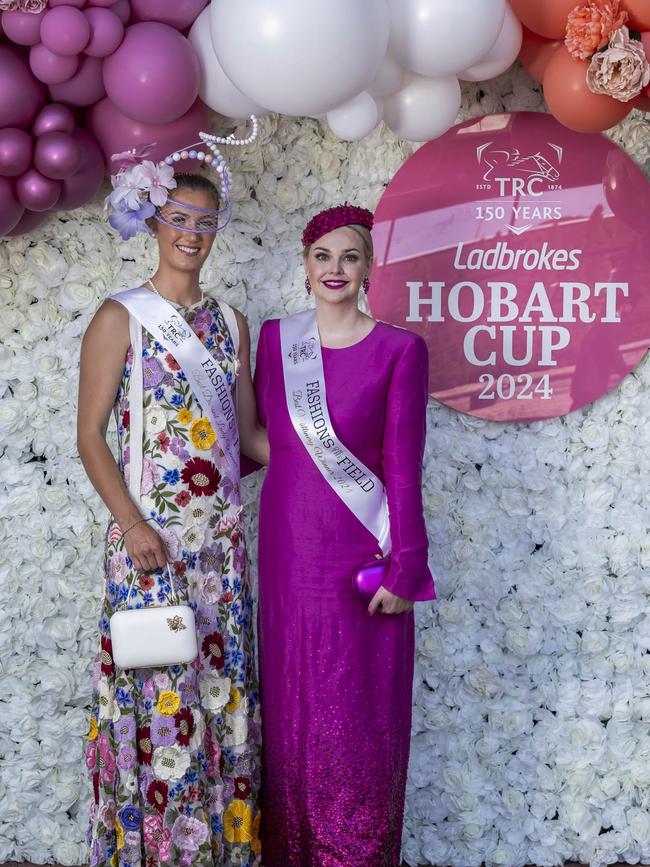 Ashley Meaburn (Best Dress Lady) and Daisy Grace (Best Dress Millinery). Hobart Cup 2024. Picture: Caroline Tan