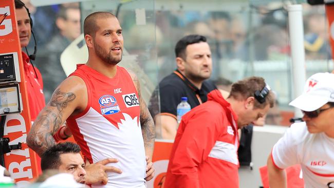 Lance Franklin on the bench. Picture: Alex Coppel