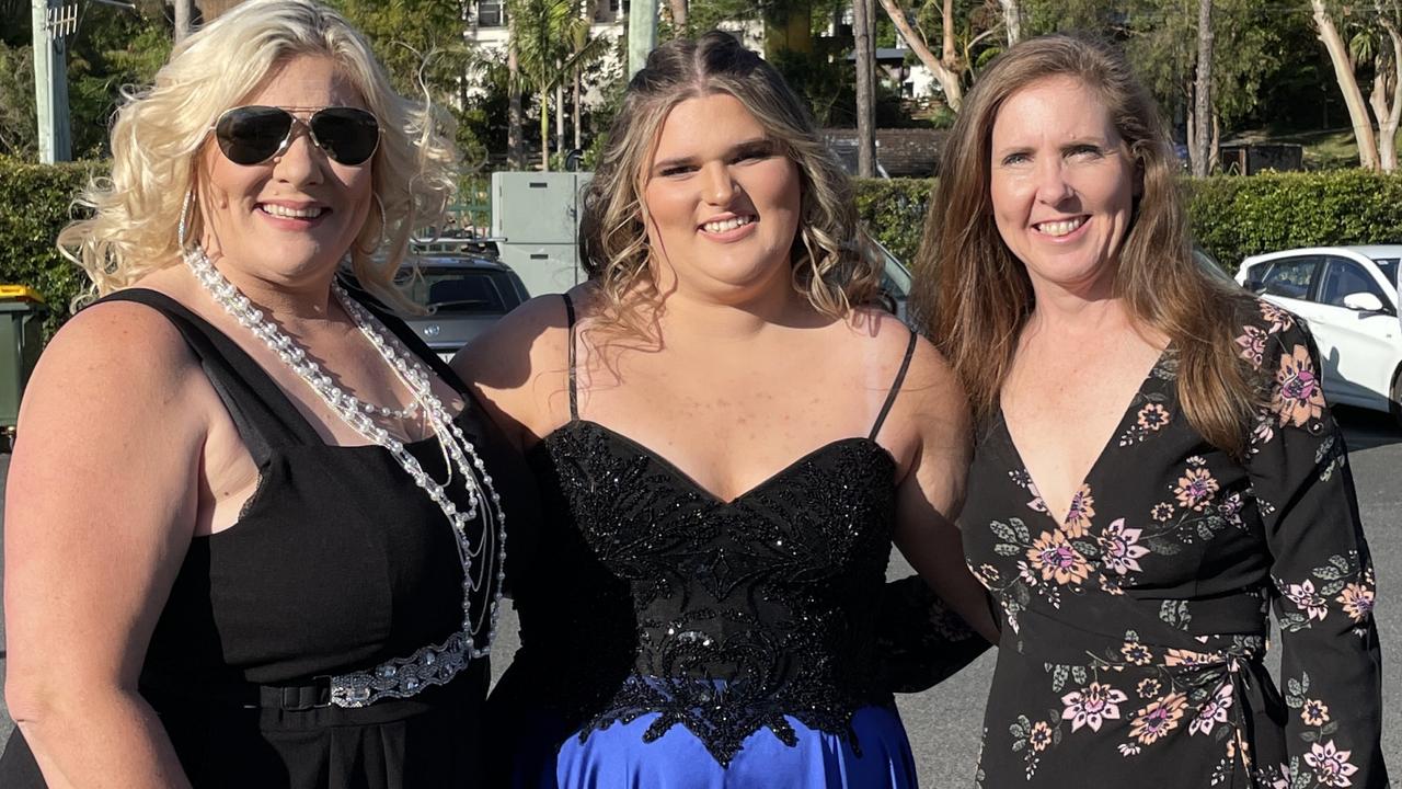 Mary-Jane Sutton, Samara Sutton with Teachers Aide Louise Mitchell at the St John Paul College Year 12 Formal. Picture: Matt Gazy