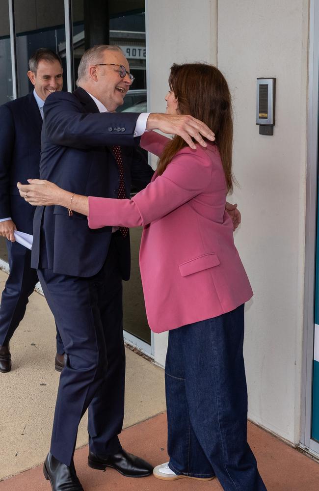 The Prime Minister and the Candidate for Dickson embrace. Picture: Jason Edwards/NewsWire