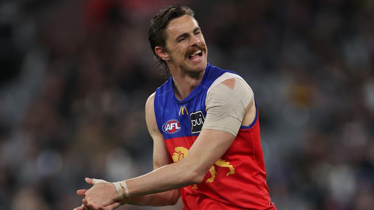 Joe Daniher reacts after missing a shot on goal against Collingwood. Picture: Getty Images