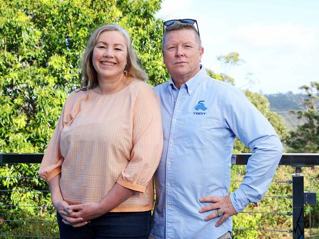 Linda and Mark Hickey at home in Belrose, on Sydney’s northern beaches. Backing on to bushland, their property is also at risk from bushfires. Picture: Tim Hunter