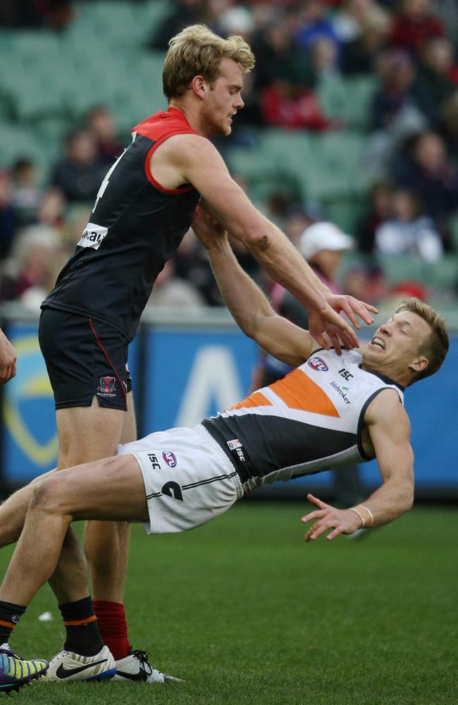 Watts struggled to hide his frustration against GWS, shoving Rhys Palmer and giving away a 50m penalty. Picture: George Salpigtidis