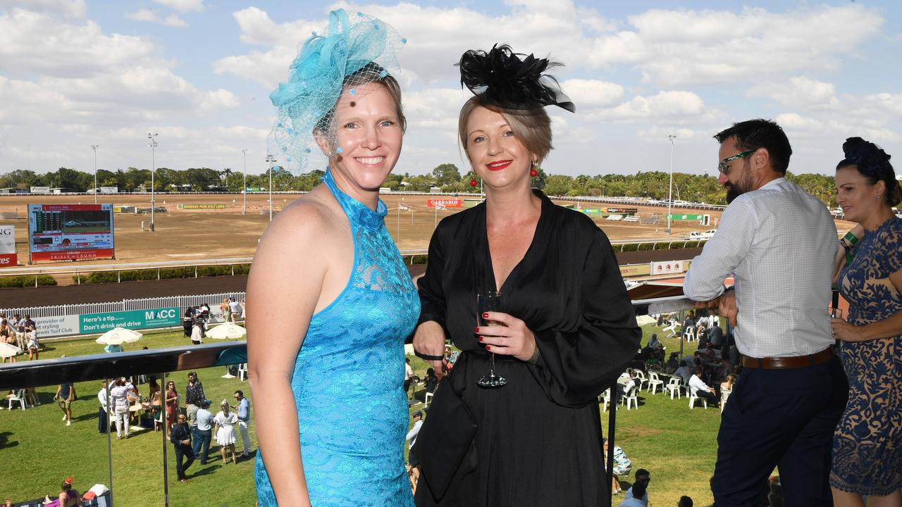 Kylie Twomey and Sally Carnesi enjoyt the 2020 Great Northern Darwin Cup Carnival. Picture: Katrina Bridgeford.