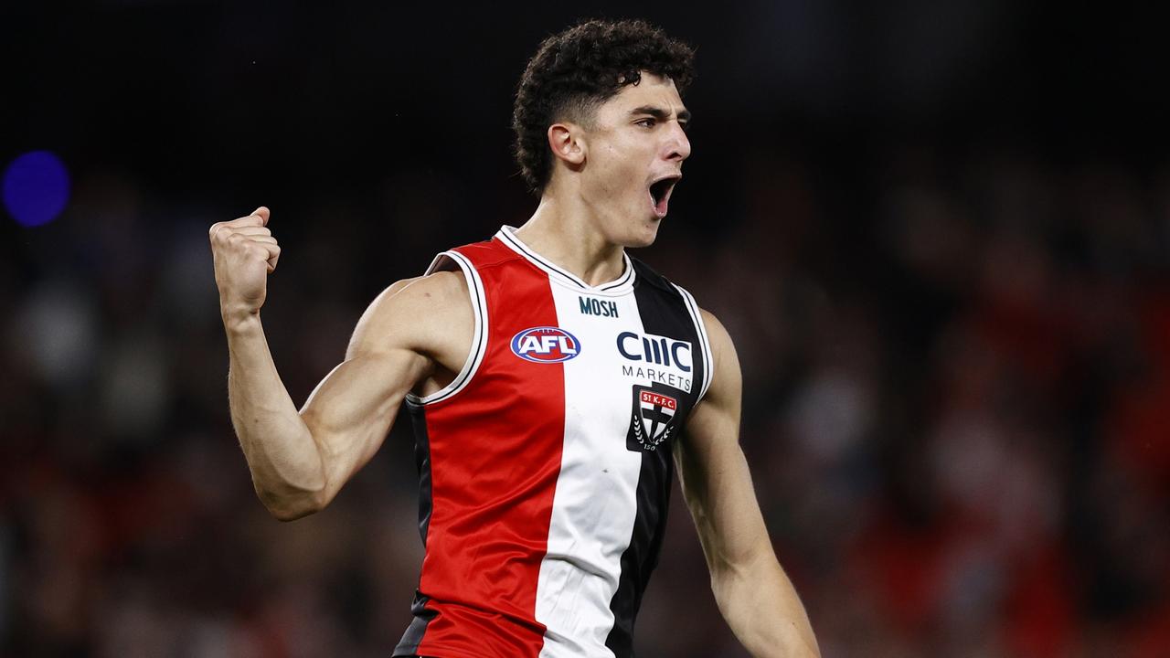 Anthony Caminiti of the Saints celebrates a goal during the round four AFL match between St Kilda Saints and Gold Coast Suns at Marvel Stadium, on April 08, 2023, in Melbourne, Australia. (Photo by Darrian Traynor/Getty Images)