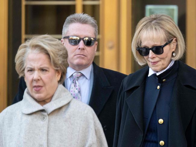 E. Jean Carroll, on right, leaves the Manhattan Federal Court. Picture: AFP