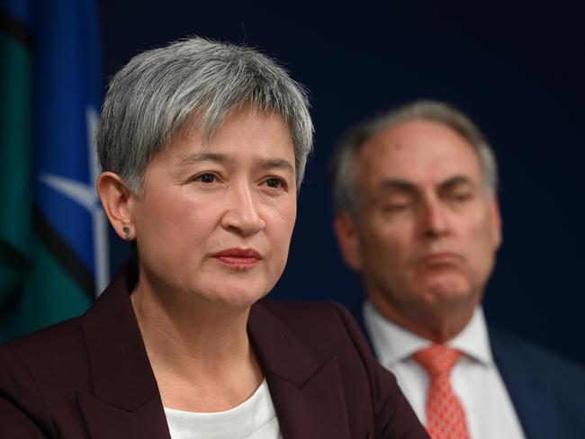 ADELAIDE, AUSTRALIA - NewsWire Photos April 11, 2023: The Minister for Foreign Affairs, Senator the Hon Penny Wong, and Minister for Trade and Tourism, Don Farrell, are in Adelaide today and held a joint press conference. The Australian Government has reached an agreement with China that creates a pathway towards resolving the dispute over Australian barley.Picture: NCA NewsWire / Naomi Jellicoe