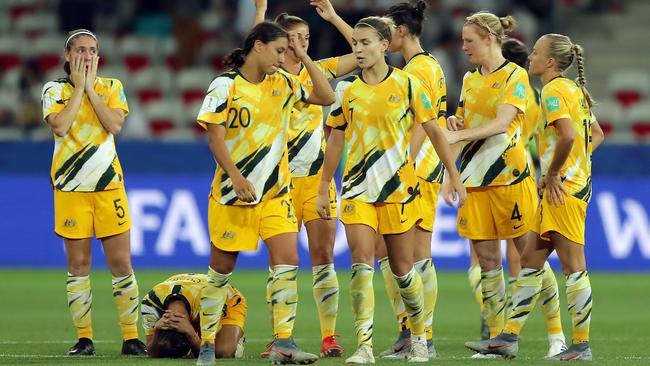 Devastated Matildas players after the penalty heartbreak. Picture: Getty