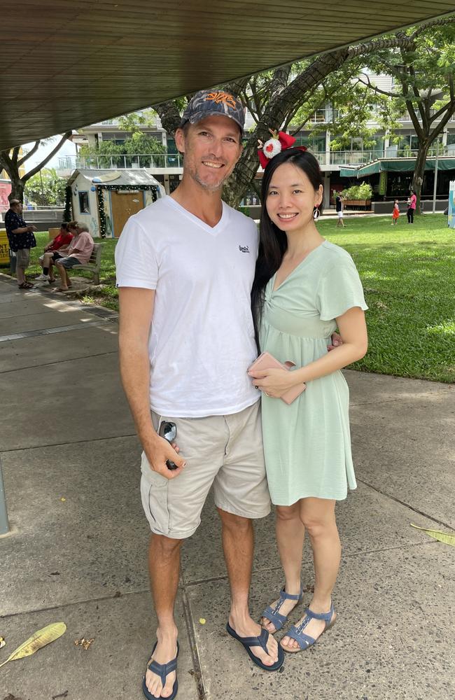 Baz and Athena Kap enjoying Christmas Day at the Darwin Waterfront, 2022. Picture: Annabel Bowles