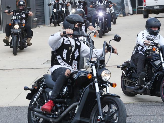 Members of Finks motorcycle club prepare to ride north to Wodonga. Police turned up to keep a watch at their Cranbourne West clubhouse. Friday, January 28, 2021. Picture: David Crosling