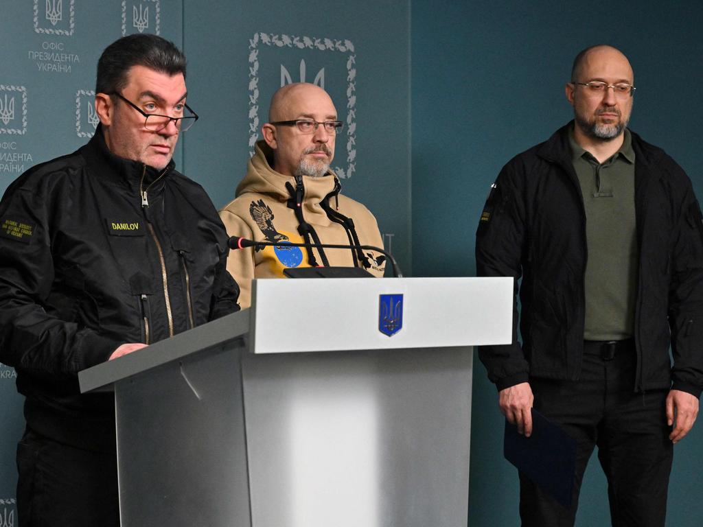 (From L to R) Ukraine Secretary of Defence Oleksiy Danilov, Minister of Defence Oleksii Reznikov and Prime Minister Denys Shmyhal hold a press conference in Kyiv. Picture: AFP