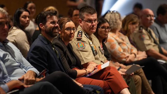 Correctional Services Commissioner Matthew Varley and Justice Minister Chansey Paech watch on as the latest batch of new recruits graduates on Friday. Picture: Pema Tamang Pakhrin