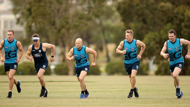 Joel Selwood, Lincoln McCarthy, Gary Ablett, Scott Selwood and Patrick Dangerfield at training. Picture: Alison Wynd