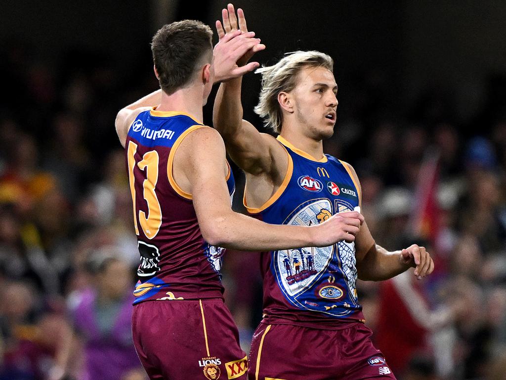 BRISBANE, AUSTRALIA - MAY 18: Kai Lohmann of the Lions celebrates kicking a goal during the round 10 AFL match between the Brisbane Lions and Richmond Tigers at The Gabba, on May 18, 2024, in Brisbane, Australia. (Photo by Bradley Kanaris/Getty Images via AFL Photos)