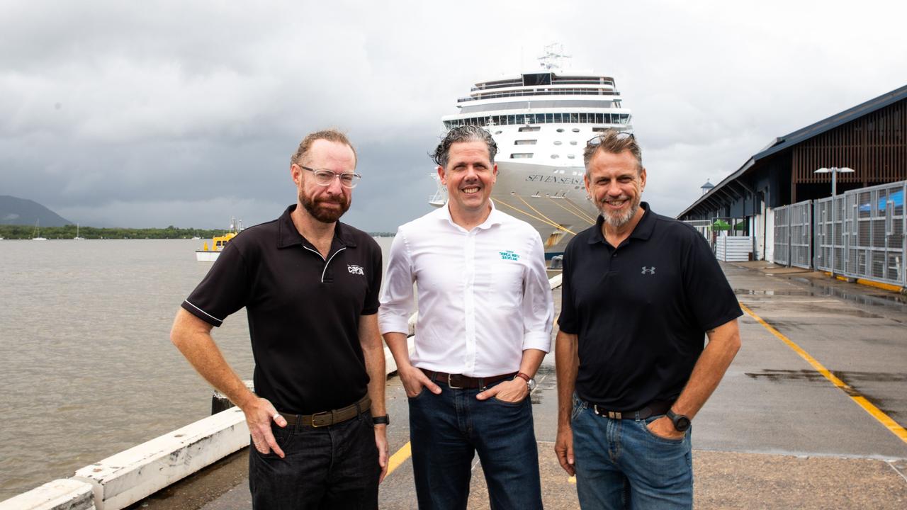 CaPTA Sales and Marketing Manager Ben Woodward, Tourism Tropical North Queensland CEO Mark Olsen and Cairns Adventure Group owner Roderic Rees welcome Seven Seas Explorer to Cairns. Photo: Supplied