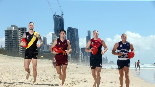 The QAFL season is hoping to commence on July 11, (L-R) Bryce Retzlaff (Labrador), Stephen Thynne (Palm Beach Currumbin), Brody Haberfield (Surfers Paradise) and Matthew Fowler (Broadbeach). Photo by Richard Gosling