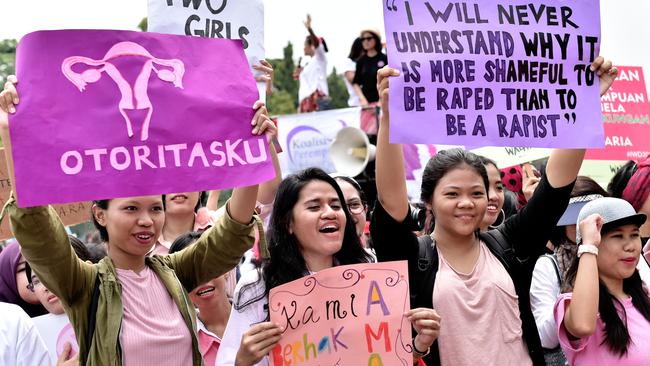 Indonesian women take part on a women's day rally in Jakarta, for Women's Day. (Pic: AFP/Bay Ismoyo)