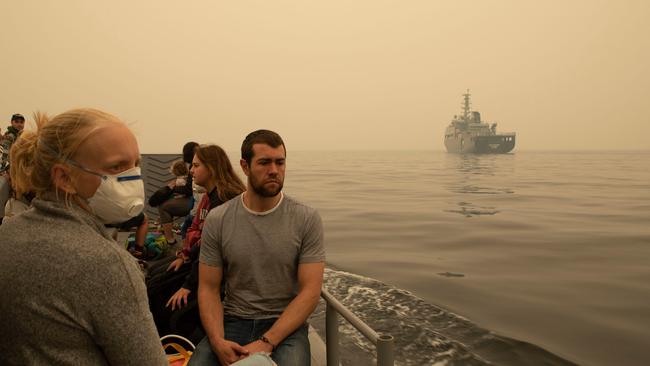 Evacuees from Mallacoota are transported by landing craft to MV Sycamore. Picture: Supplied.