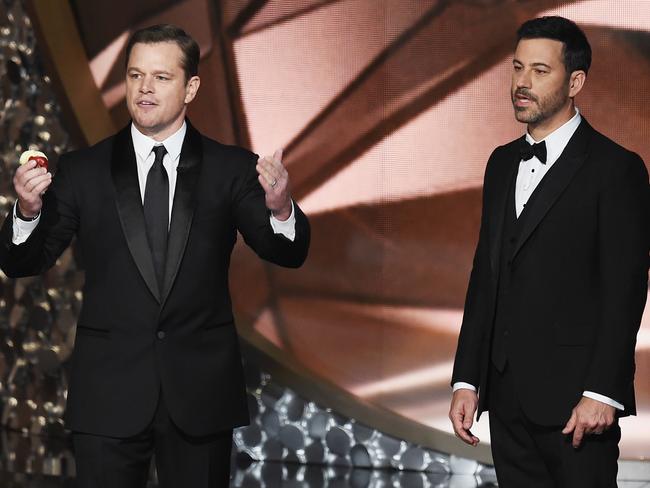 Jimmy Kimmel, right, swears his rival Matt Damon will not be making a cameo at the virtual Emmy Awards, being held on Monday (Australian time). Picture: AFP