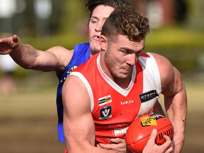 Nepean FNL: Hastings v Sorrento at Thomas Barclay oval , Hastings. Sorrento #2 Luke Tapscott bursts through. Picture: Christ Eastman