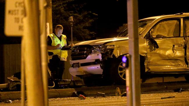 Officers at the scene of the fatal crash where Mr Fields and Ms Leadbetter were killed on January 26. Picture: Steve Pohlner