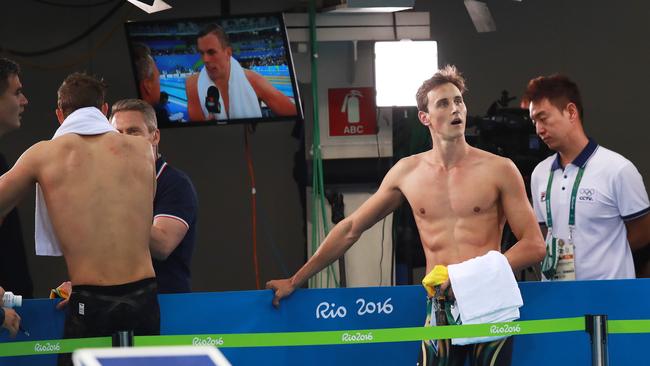A stunned Cameron McEvoy finished 7th in the men's 100m freestyle final waits his turn, as gold medallist Kyle Chalmers is a new Aussie hero. Picture. Phil Hillyard