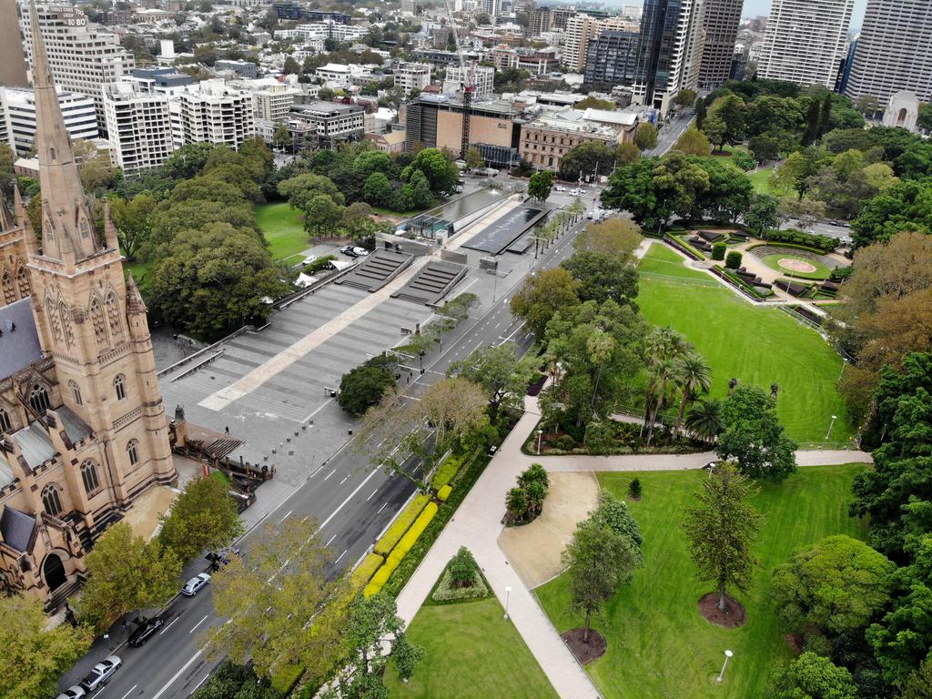 The effect of coronavirus takes affect on various places around Sydney with crowds being told not to congregate in public places. Hyde Park in the city is virtually empty. Picture: Toby Zerna