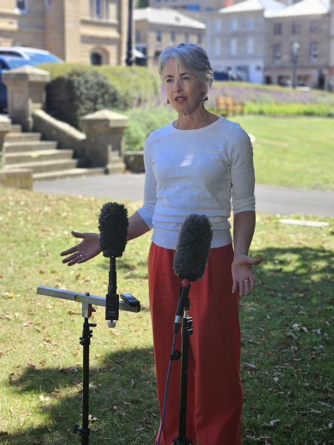 Greens leader Rosalie Woodruff speaks to the media on parliament Lawns in Hobart on Tuesday, January 16, 2024.