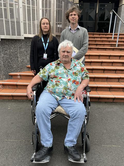 Michael Burles was a public trustee client. Mr Burles is pictured with advocate Ginny Tombs from Advocacy Tasmania and lawyer Ben Bartl. Picture: supplied