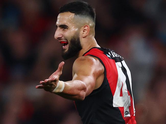 MELBOURNE, AUSTRALIA - MAY 10: Saad El-Hawli of the Bombers celebrates a goal during the round nine AFL match between Essendon Bombers and Sydney Swans at Marvel Stadium, on May 10, 2025, in Melbourne, Australia. (Photo by Morgan Hancock/Getty Images)