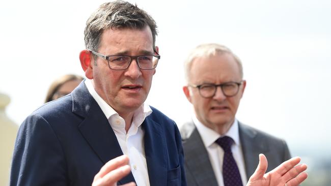 Prime Minister Anthony Albanese, makes an announcement at the Royal Exhibition Building, with Victorian Premier Daniel Andrews. Picture: NCA NewsWire / Nicki Connolly