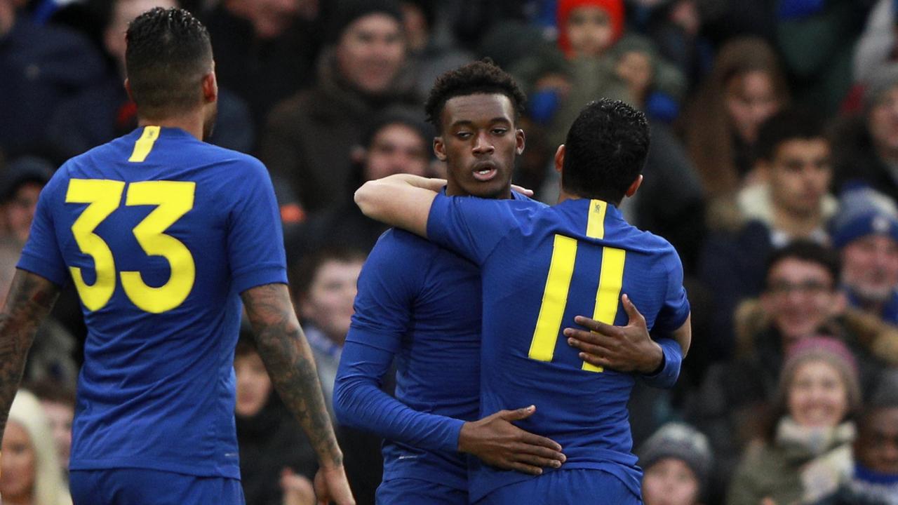Callum Hudson-Odoi celebrates after scoring Chelsea’s opening goal against Nottingham Forest at Stamford Bridge. Picture: AP Photo