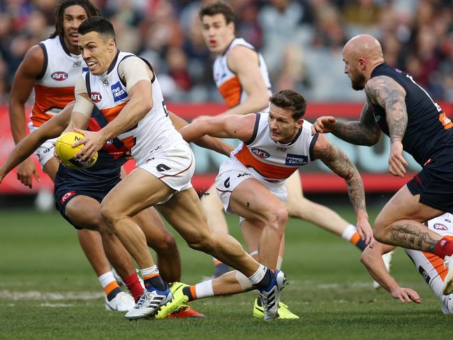 Dylan Shiel breaks away during the Giants clash with Melbourne in Round 23.