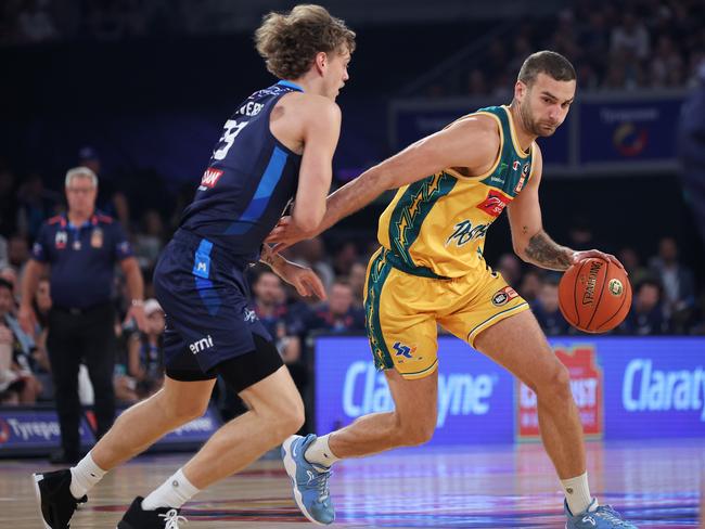 Travers guarding McVeigh during game one in Melbourne. Picture: Daniel Pockett/Getty Images