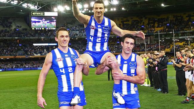 Brent Harvey celebrates after playing his 427th game. Picture: Getty Images.