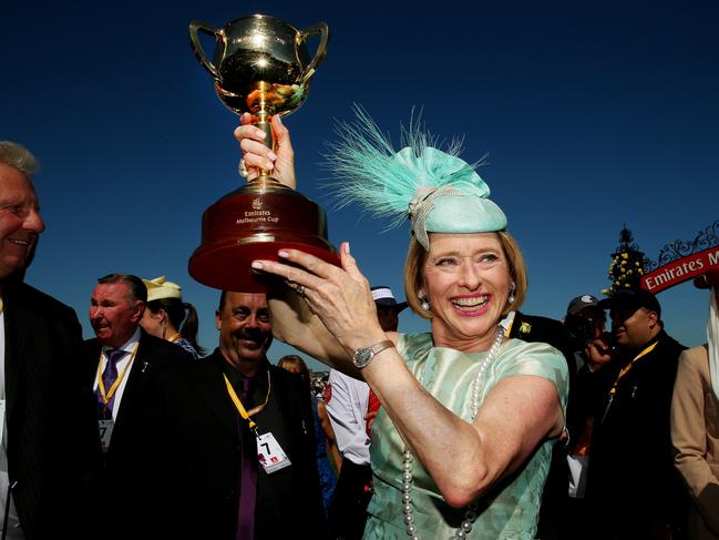 2013 Melbourne Cup Day Flemington Racecourse, Melbourne - November 5th, Picture by Colleen Petch. Race 7 - Emirates Melbourne Cup 3200m - Trainer Gai Waterhouse holds the cup after winning the cup with Fiorente with Damien Oliver onboard.