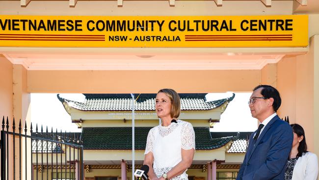 Deputy Labor Leader Kristina Keneally made the announcement she was moving from the Senate to contest the lower house seat of Fowler outside a local community centre. Picture: NCA NewsWire / Flavio Brancaleone