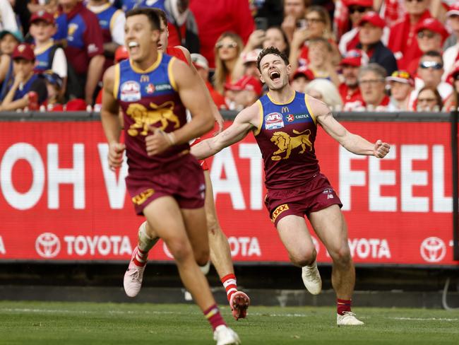 Lachie Neale celebrates on the siren. Picture: Getty Images