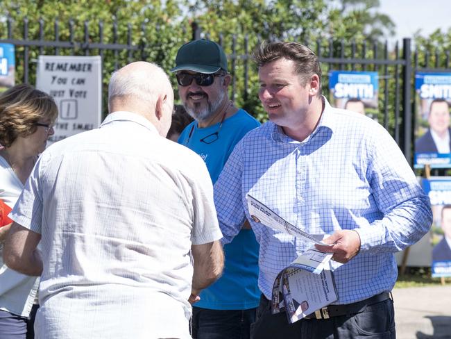 New Wollondilly Liberal MP Nathaniel Smith speaks to voters yesterday. Picture: Matthew Vasilescu