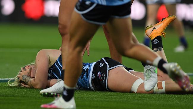 Tayla Harris went down during the Blues’ clash with North Melbourne. Picture: Getty Images