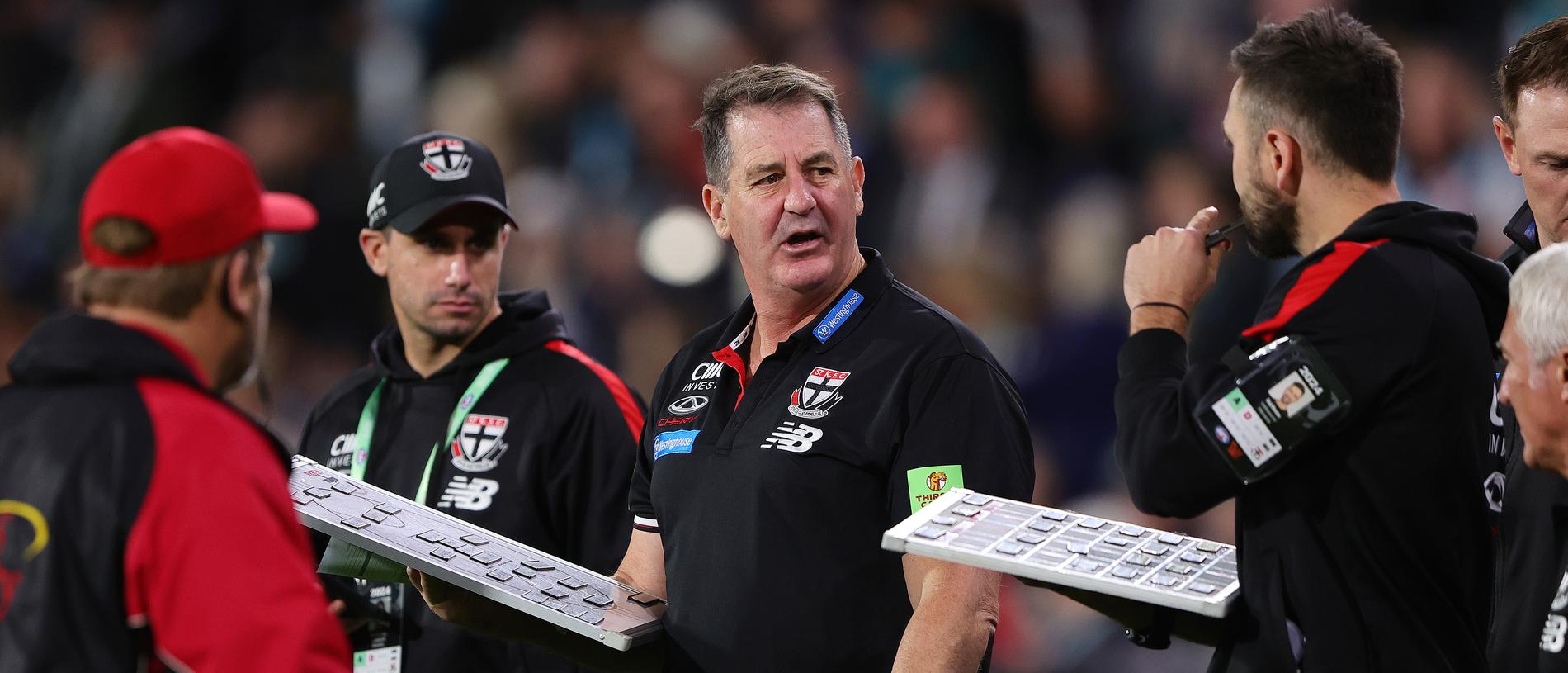 ADELAIDE, AUSTRALIA - APRIL 26: Ross Lyon, Senior Coach of the Saints during the 2024 AFL Round 07 match between the Port Adelaide Power and the St Kilda Saints at Adelaide Oval on April 26, 2024 in Adelaide, Australia. (Photo by Sarah Reed/AFL Photos via Getty Images)