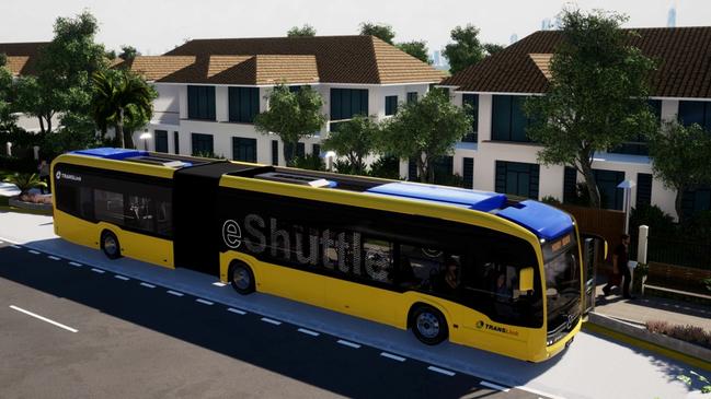 Artist impression and maps of the proposed Gold Coast electric bus system, known as the Bus Rapid Transit (BRT)