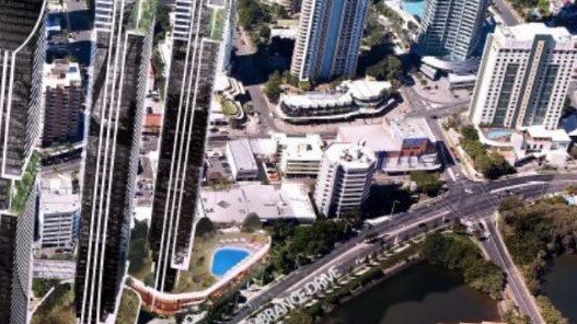 A marketing drawing showing three residential super towers, just one of the potential development options for the Bruce Bishop car park site in Surfers Paradise.