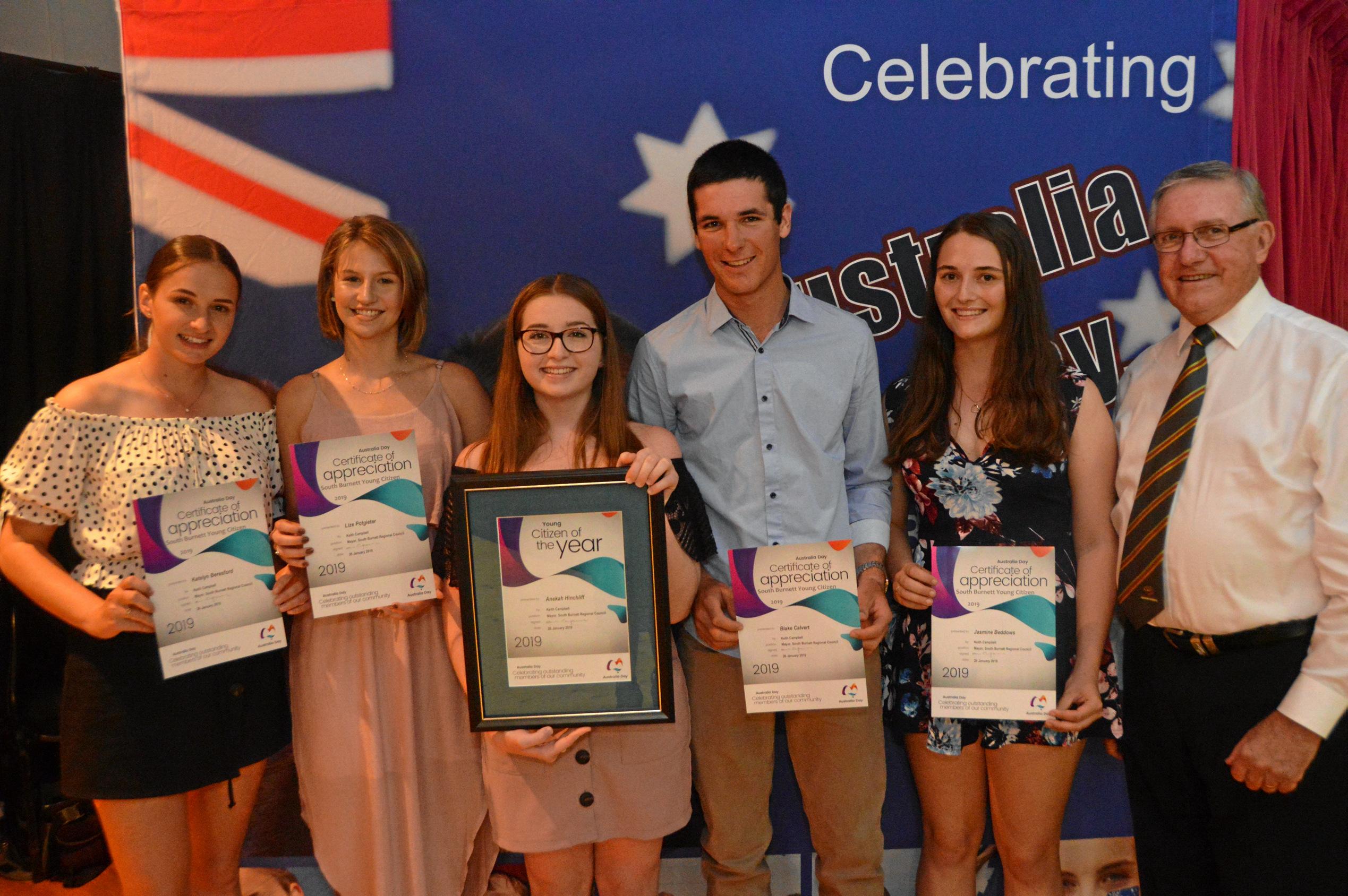 Winner of the South Burnett young citizen of the year award Anekah Hinchliff with nominees and South Burnett Mayor Keith Campbell. Picture: Claudia Williams