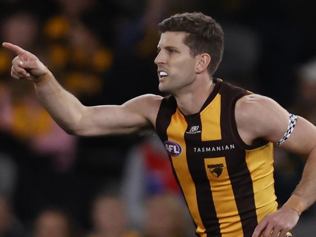 MELBOURNE, AUSTRALIA - JULY 30: Luke Breust of the Hawks celebrates a goal during the round 20 AFL match between Hawthorn Hawks and St Kilda Saints at Marvel Stadium, on July 30, 2023, in Melbourne, Australia. (Photo by Darrian Traynor/Getty Images)